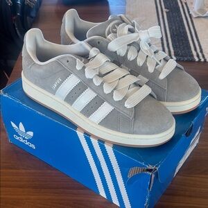 adidas Gray Suede Campus Sneakers with White Stripes